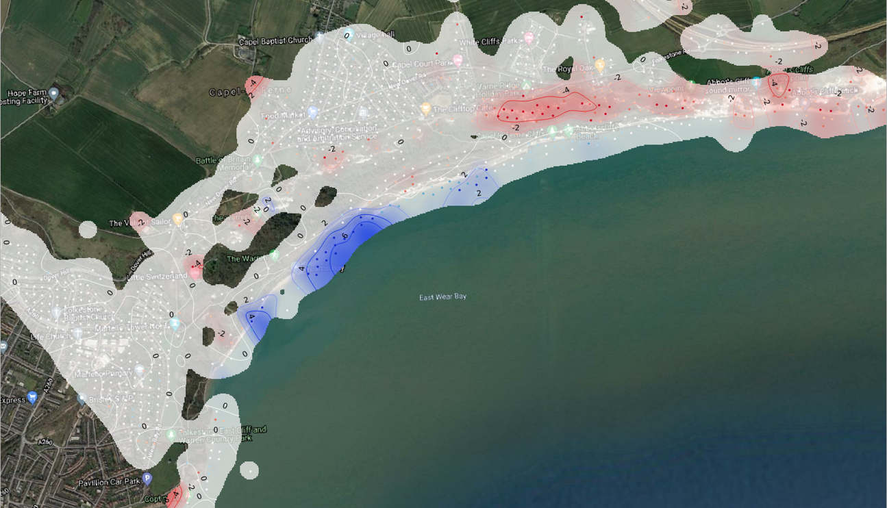 InSAR map of folkestone warren indicating subsidence and heave in different areas