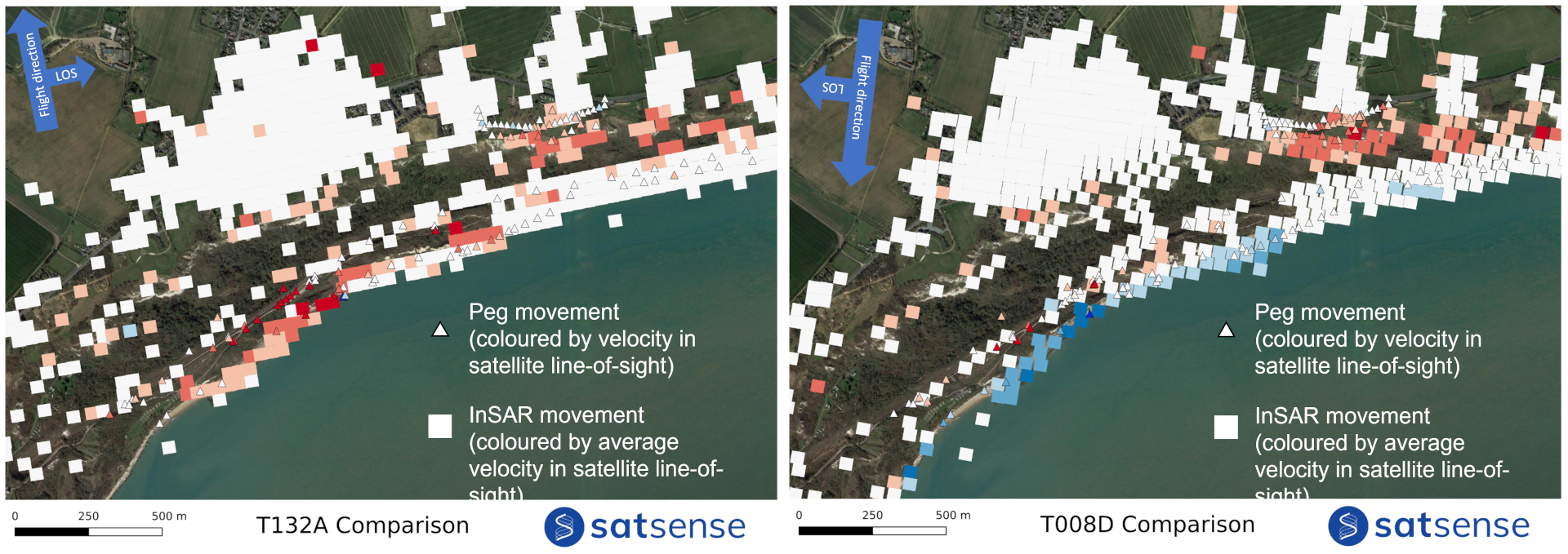 Comparative images showing how INSAR data covers a much larger area than on ground peg monitoring methods

