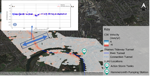 InSAR map indicating impact of construction of thames tideway tunnel on nearby infrastructure