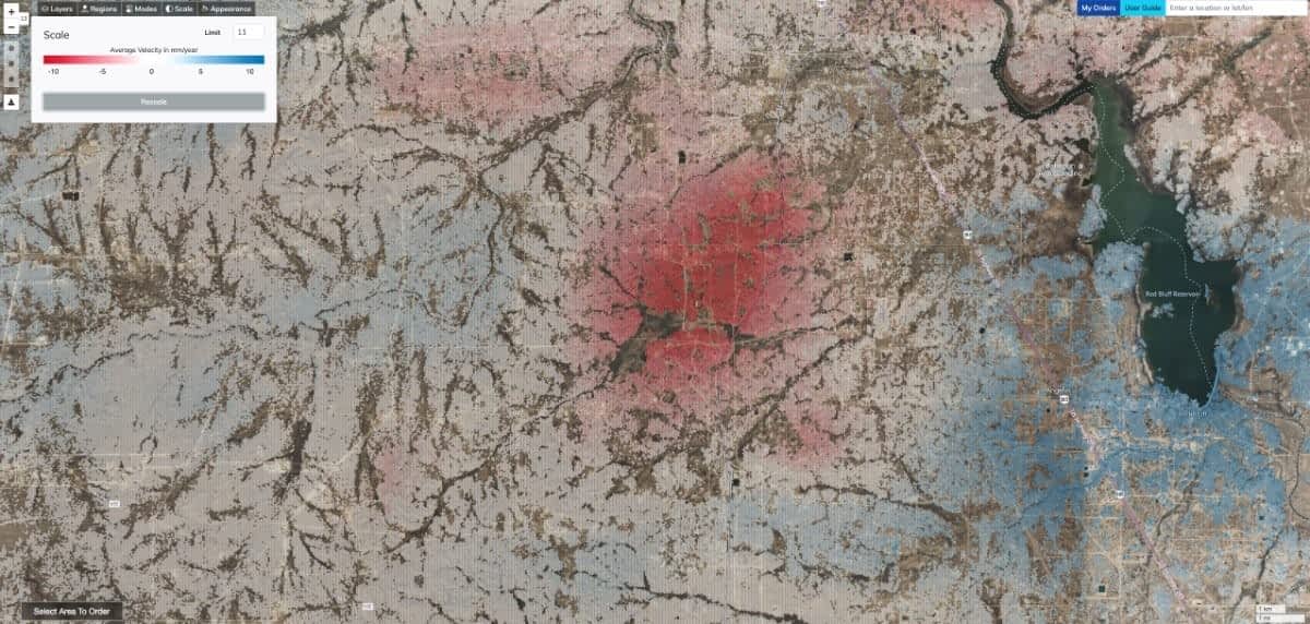 Wide area subsidence (red) and heave (blue) in the Permian Basin, Texas, associated with oil production and saltwater injection
