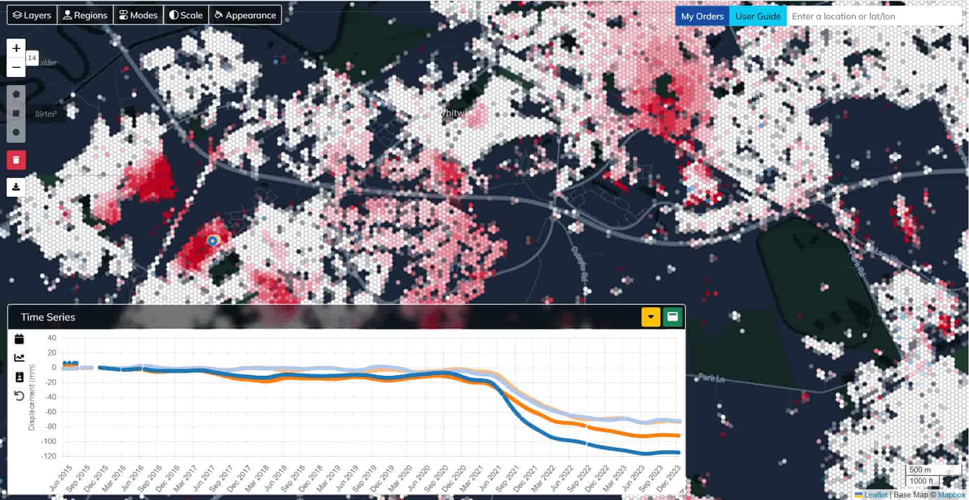 Screenshot of timeseries and points on map