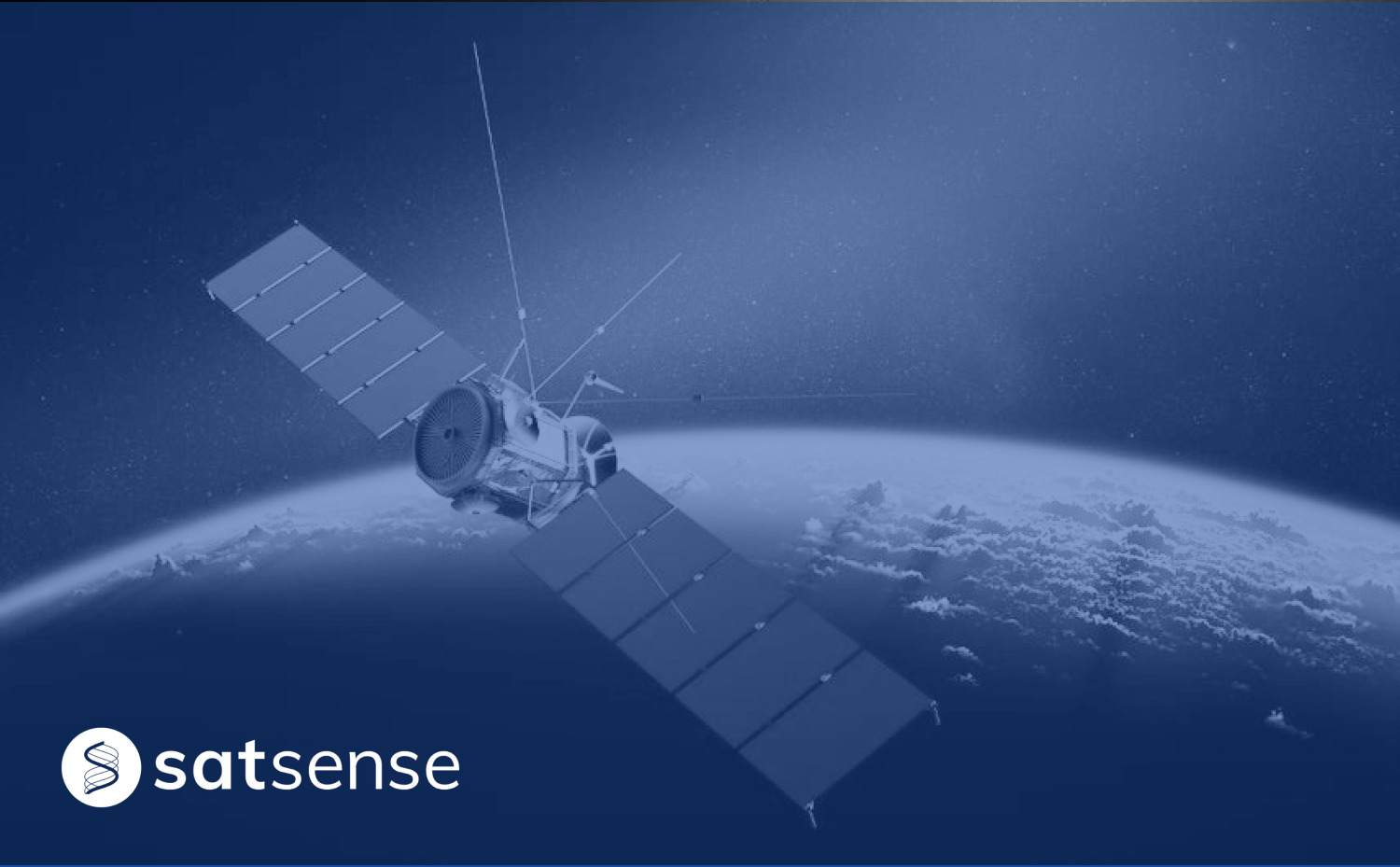 Satellite looking towards the Earth with SatSense logo on the bottom left corner