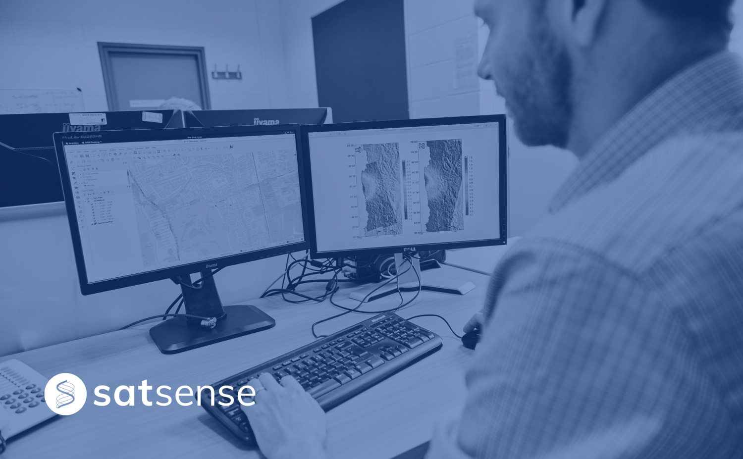 SatSense InSAR specialists analysing InSAR velocities over a large area using multiple softwares on different computer screens