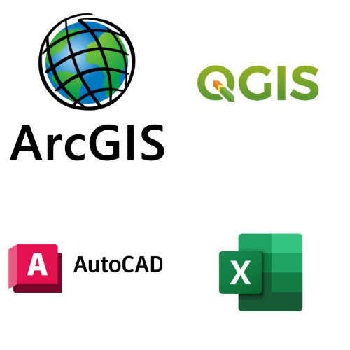 ArcGIS, QGIS, MS Excel and Auto CAD logo showing different file types in which SatShop can deliver data to it is users