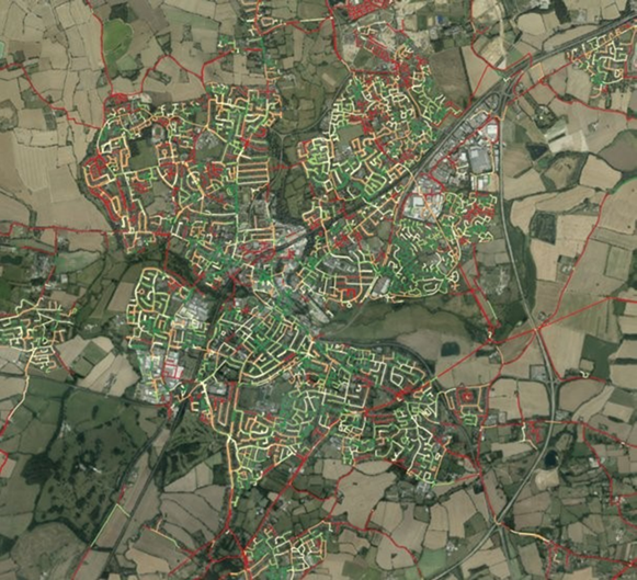 Ground movement data plotted on a town's water pipe network, showing high risk areas
