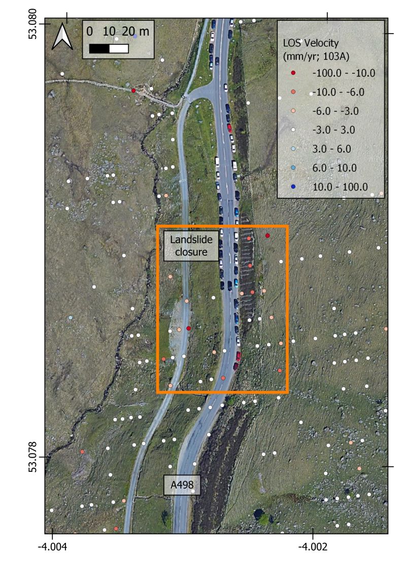 map showing velocity of ground displacement over the area closed due to landslide