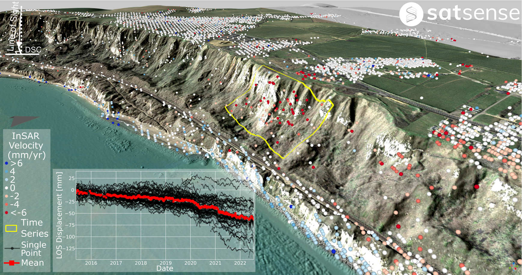 3 D image of folkeston warren indicating downward displacement of ground from 2016 to 2022 with good InSAR coverage on and near the site