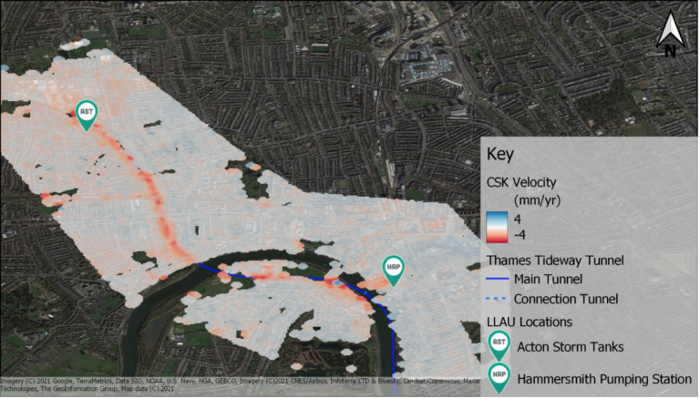 InSAR map showing impact on the nearby ground due to construction of thames tideway tunnel
