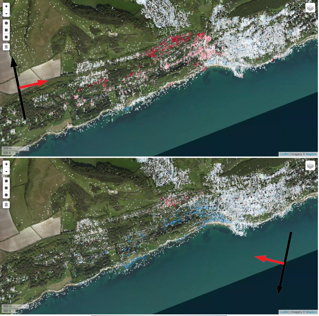 Data from the ascending (top) and descending (bottom) satellite flight directions over the town of Ventnor, Isle of Wight. Red colours show movement away from the satellite. The data is showing opposite signs, which indicates a significant horizontal component