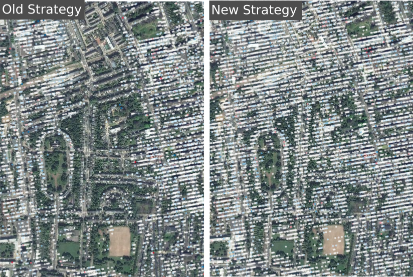 An area in central London affected by an unwrapping error. Left panel shows how this error causes a reduction in coverage, and right panel shows the improvement obtained when these errors are handled in our new strategy.