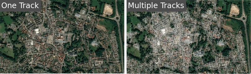 Comparison between data from a single track and data from four overlapping satellite tracks in central Ripon.