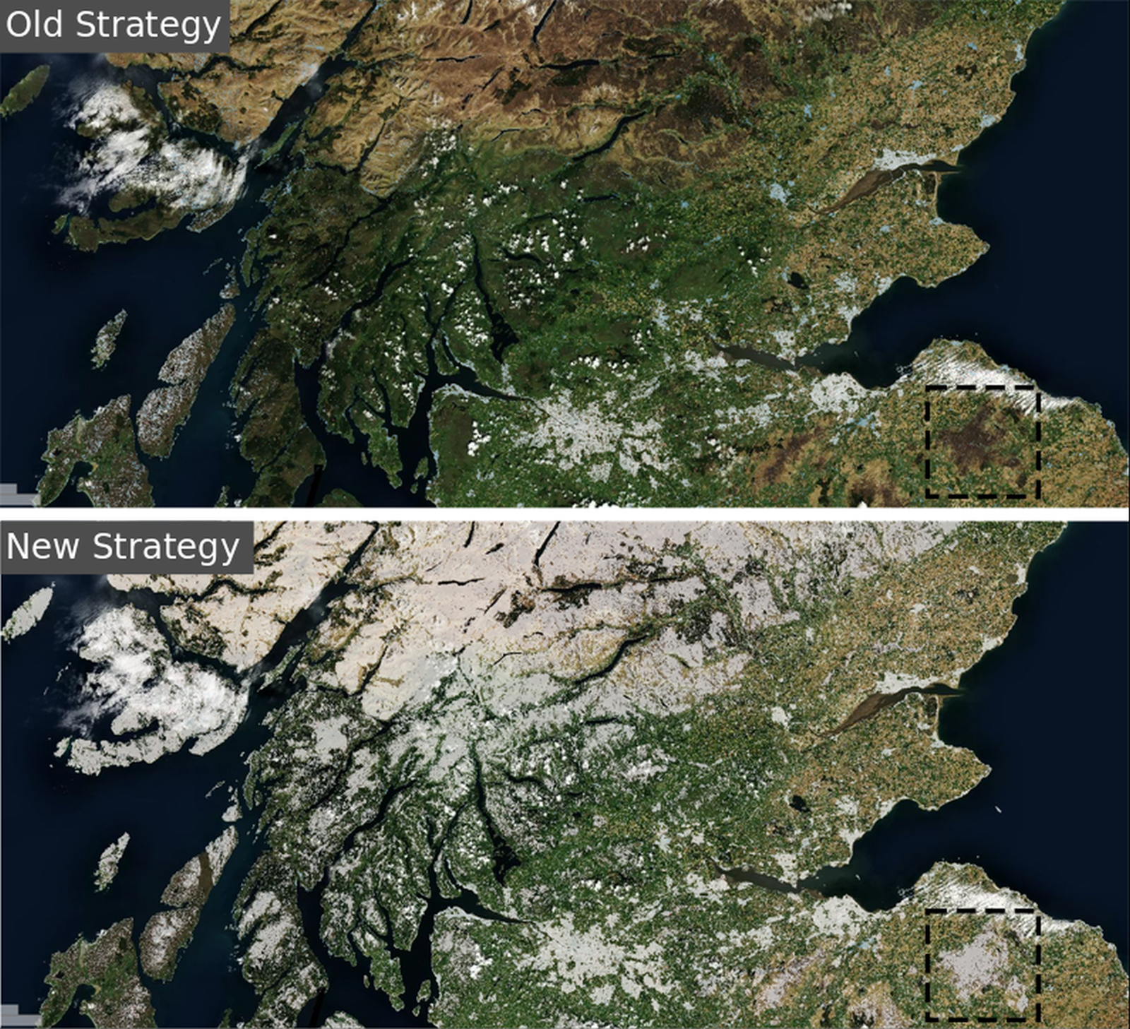Top image shows coverage from our previous processing strategy over part of Scotland. Lower image shows the same area with results from our new processing strategy. Black rectangle highlights change in coverage over moorland