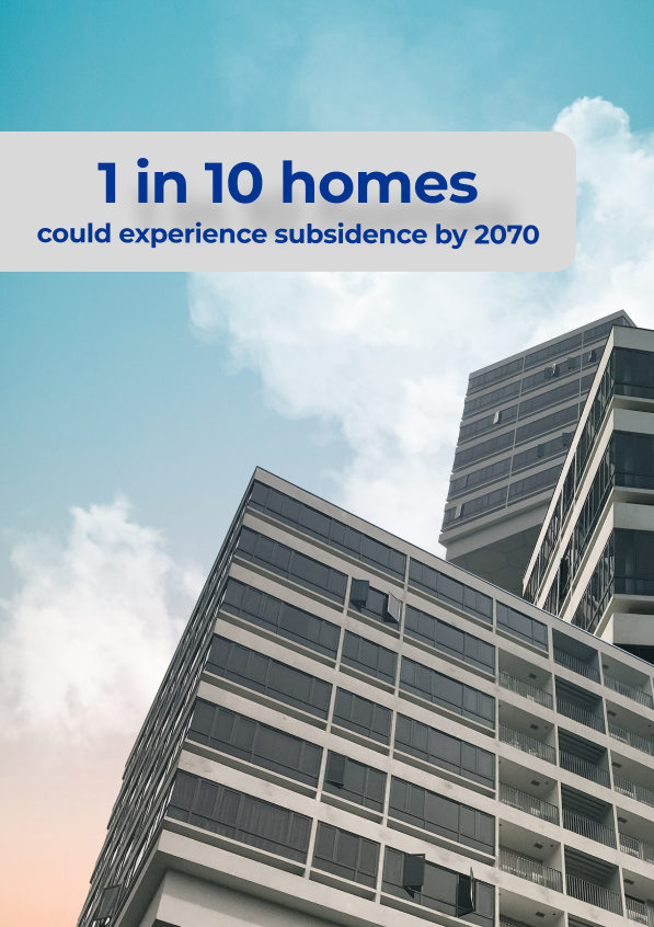 Report cover showing two office buildings and with headline '1 in 10 homes could experieince subsidence by 2070'